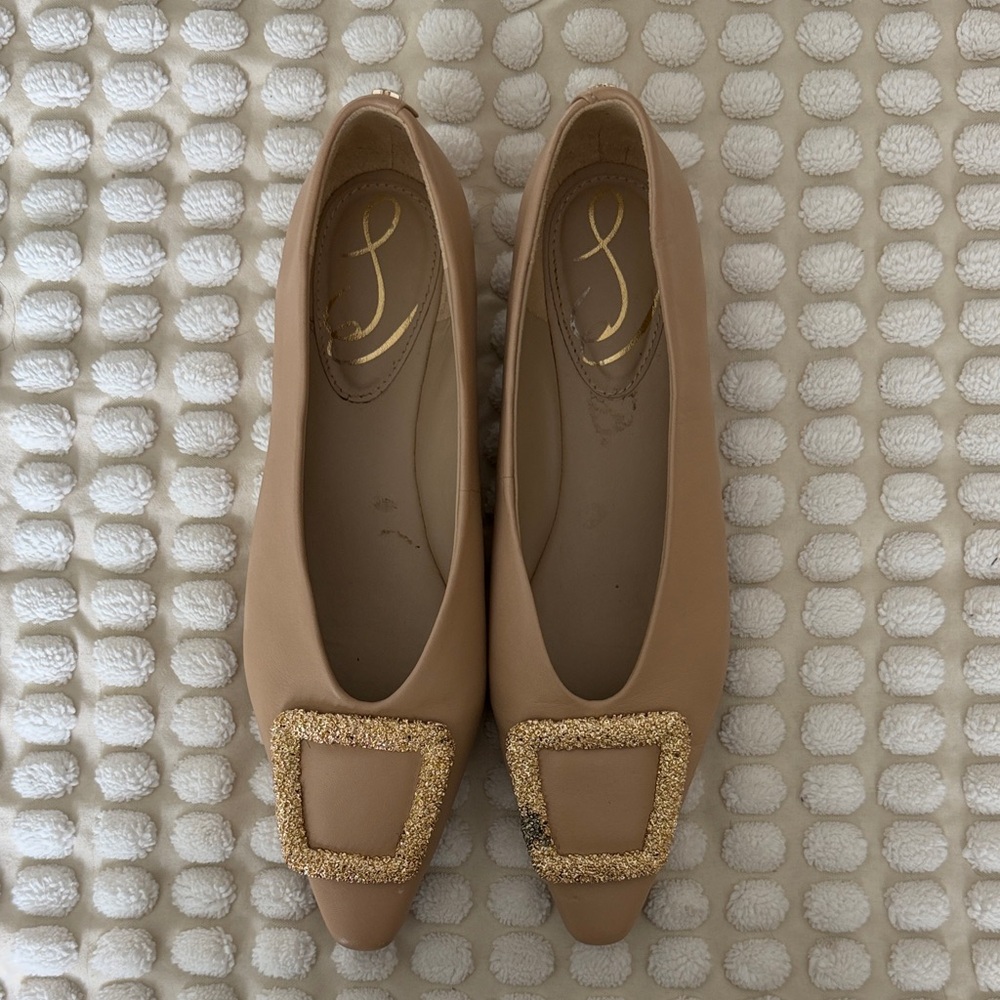 Sam Edelman Beige Pointed Toe Flats with Gold Buckle